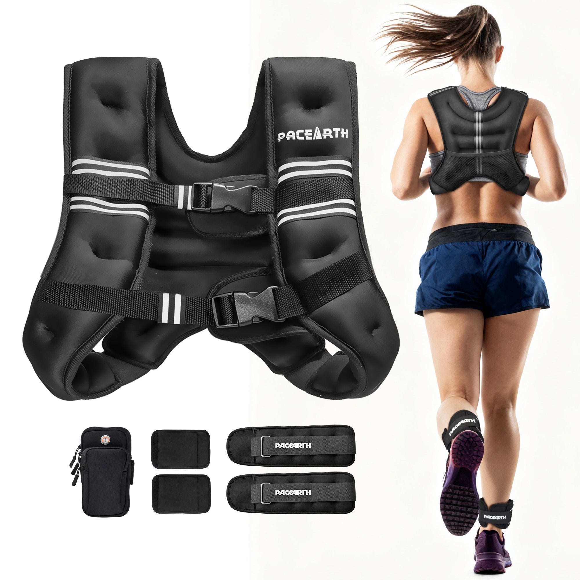 PACEARTH Weighted Vest with Ankle Weight Set and Arm Strap Phone Pouch and Reflective Stripe