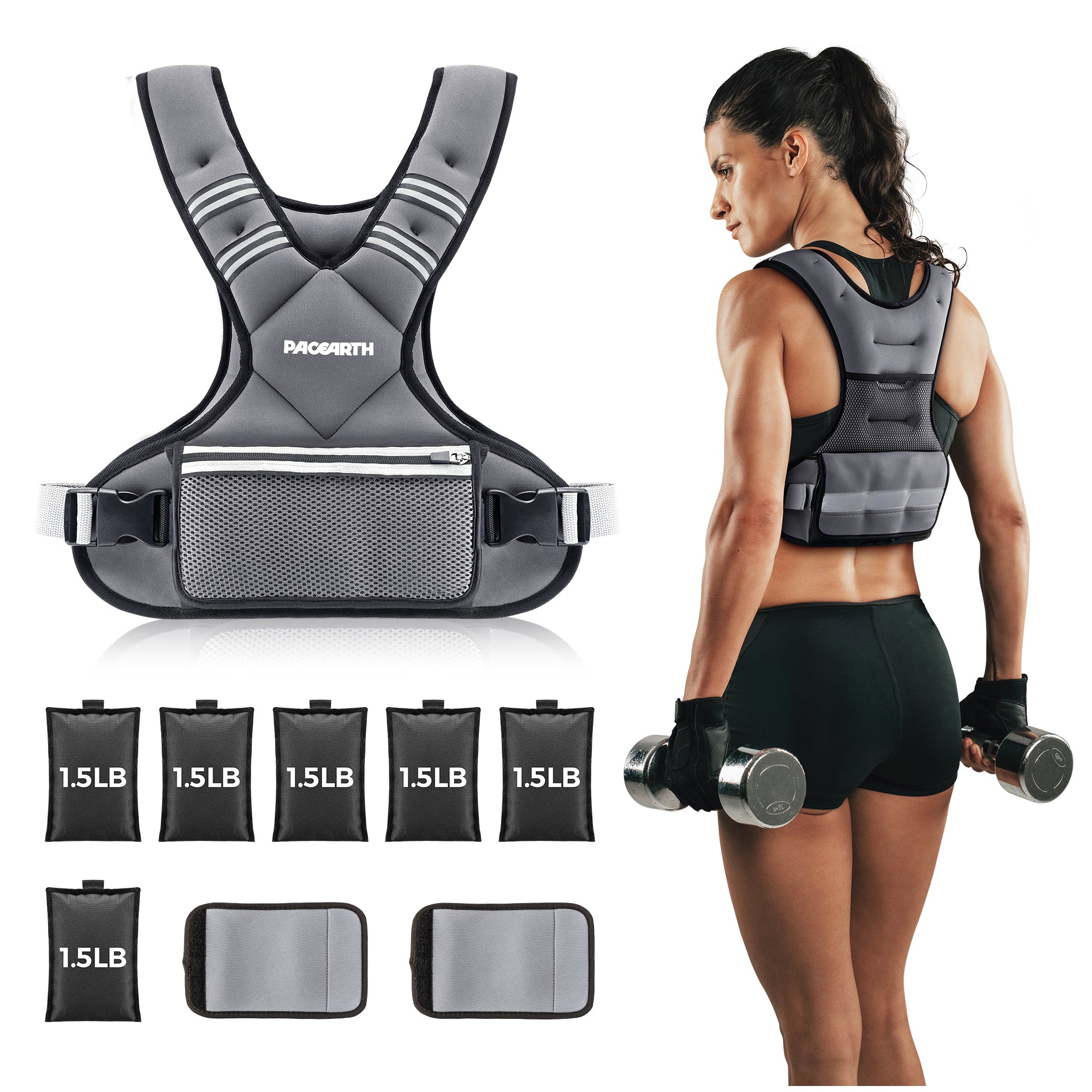 PACEARTH Adjustable Weight Vest 4-10lbs / 11-20lbs / 20-32lbs Grey